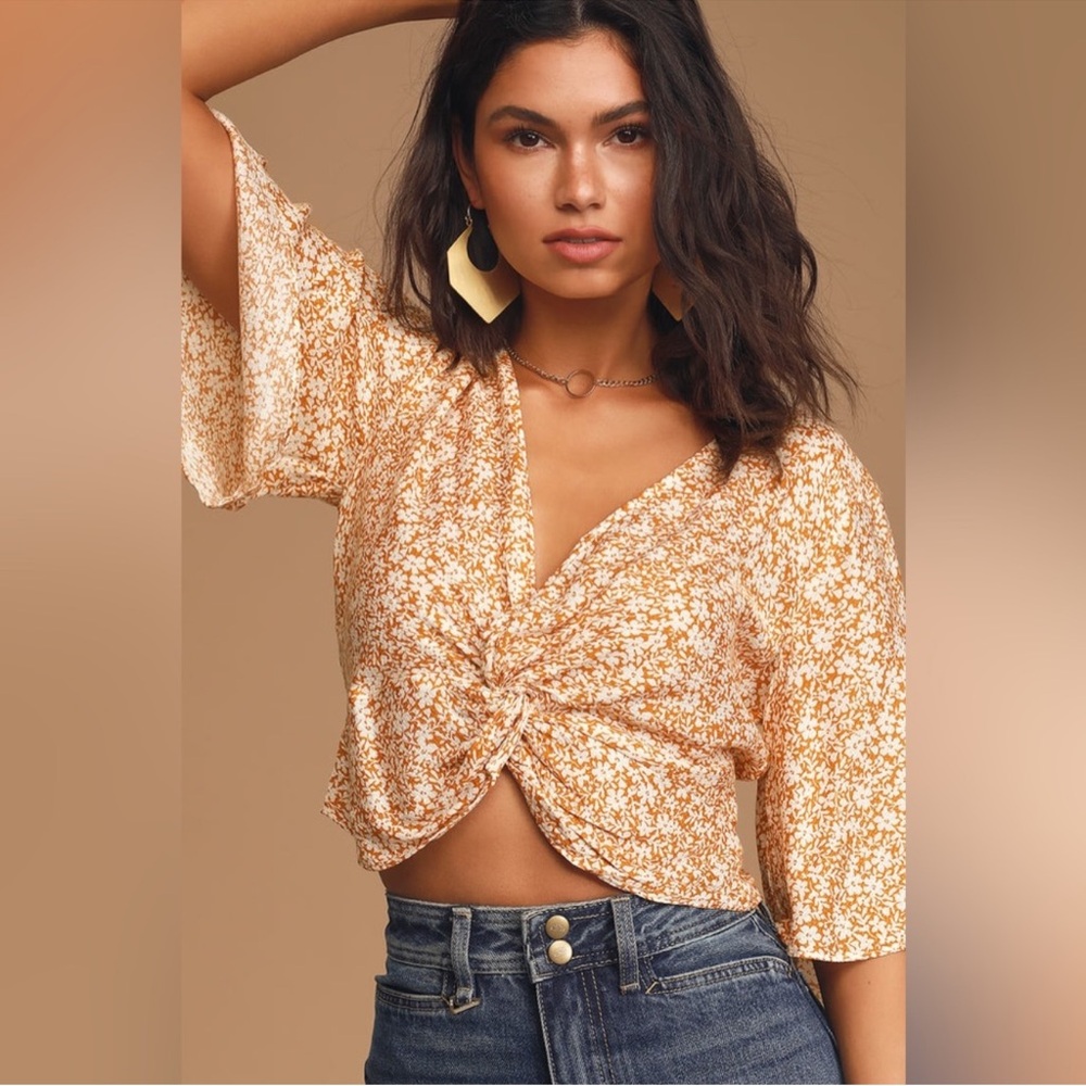 Lulus Sage Floral Twist-Front Blouse in Cream and Mustard